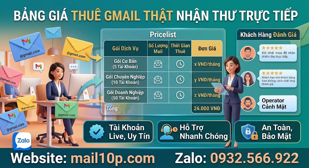 Bảng Giá Thuê Gmail Thật Nhận Thư Trực Tiếp