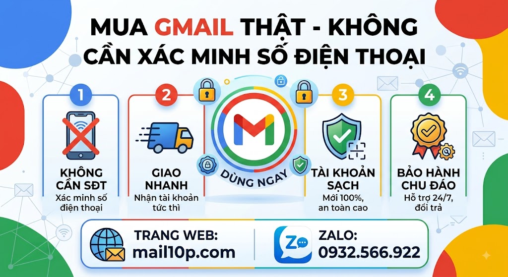Mua Gmail Thật Không Cần Xác Minh Số Điện Thoại